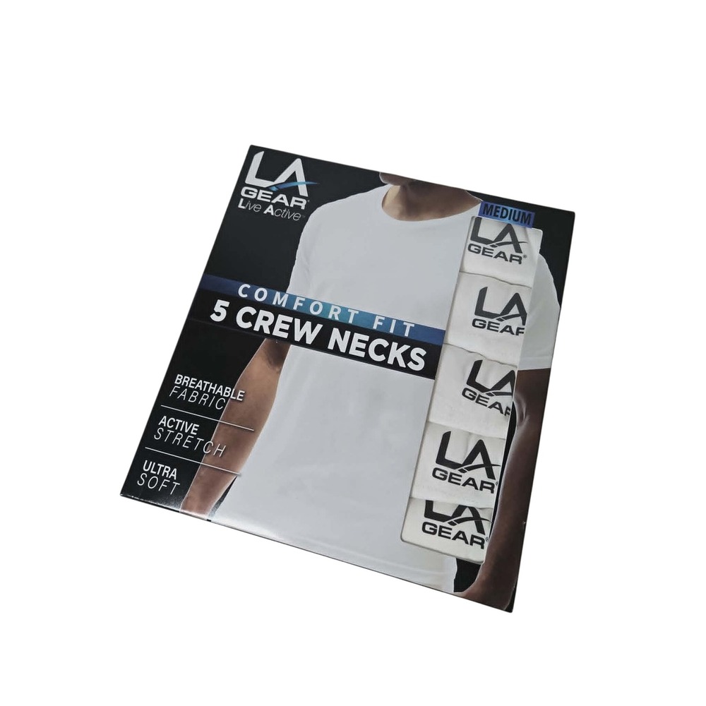 LA Gear Mens 5 Pack White Crew Neck T-Shirts Comfort Fit Active Stretch Medium